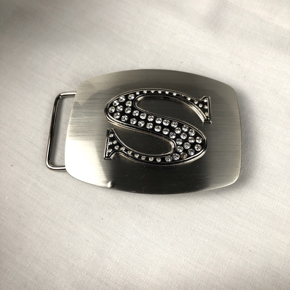 Vintage Belt Buckle Rhinestone Initial S Monogram Stainless Steel Unbranded